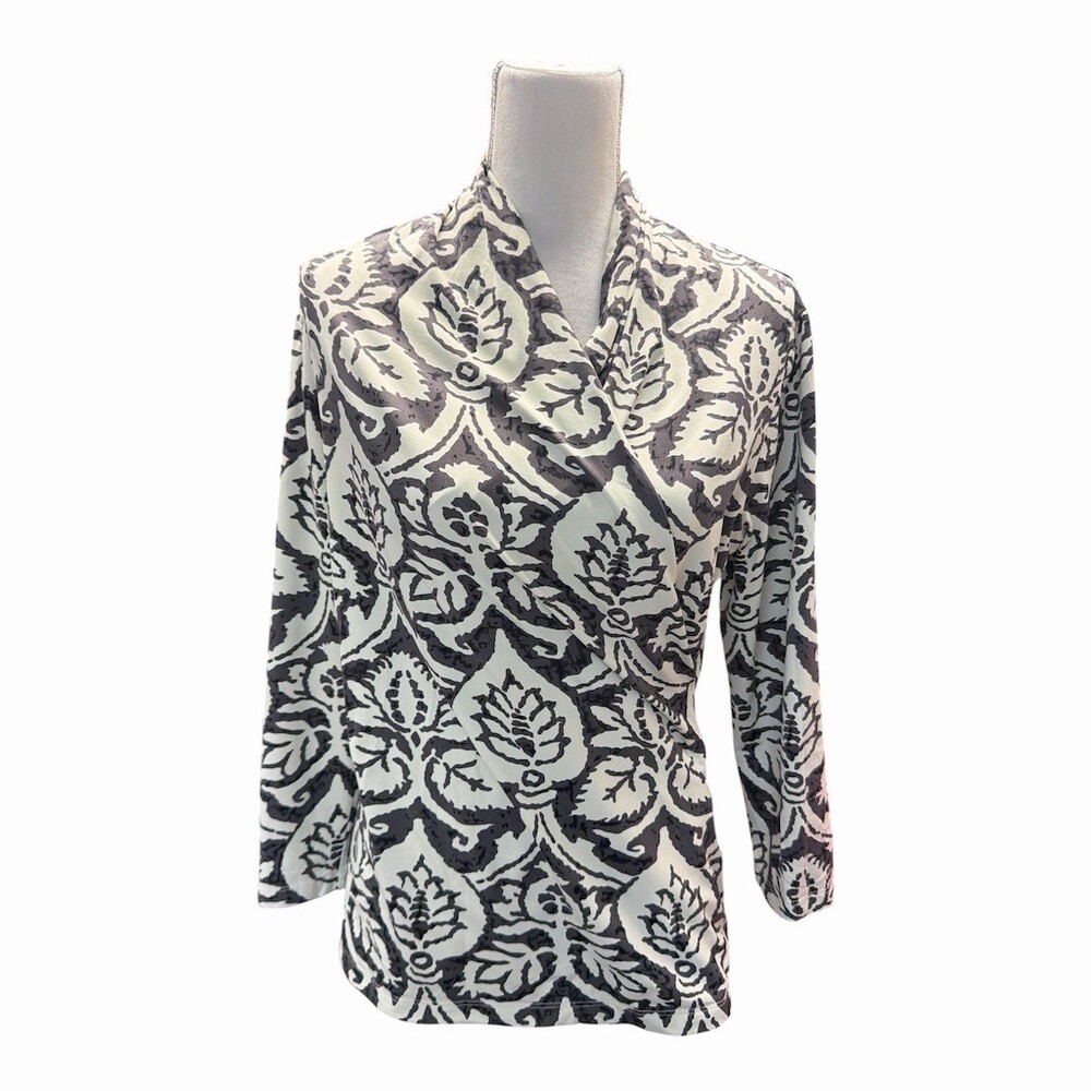 J.McLaughlin Blouse Womens L Black White Floral Faux Wrap Cowl Neck Top